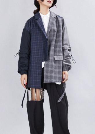 Eenvoudig Grijs Patchwork Geruit Asymmetrisch Ontwerp Herfstjassen Met Lange Mouwen