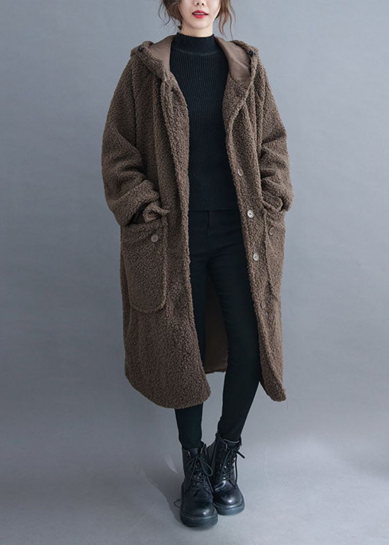 Eenvoudige Kaki Jas Met Capuchon Knopen Winterparka Met Lange Mouwen - Dames winterjassen