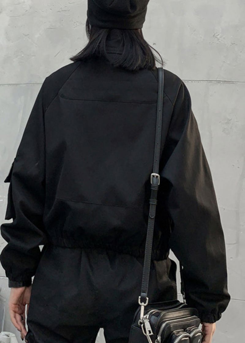 Elegant Zwart Jasje Met Opstaande Kraag Knopen En Lange Mouwen - Dames winterjassen