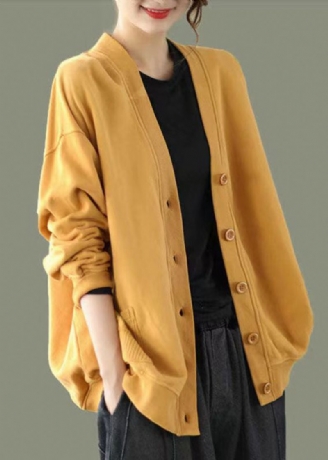 Elegante Gele V-hals Knop Patchwork Warme Fleece Sweatshirt Jas Herfst