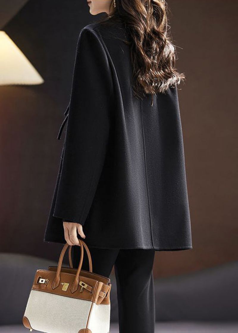 Elegante Zwarte Effen Chinese Wollen Jassen Met Knopen Lente - Dames winterjassen