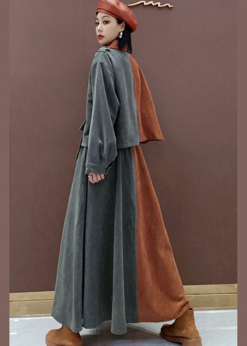 Fijne V-hals Patchwork Corduroy Tops Met Lange Mouwen Cirkelrokken Tweedelige Set Outfits - Dames winterjassen