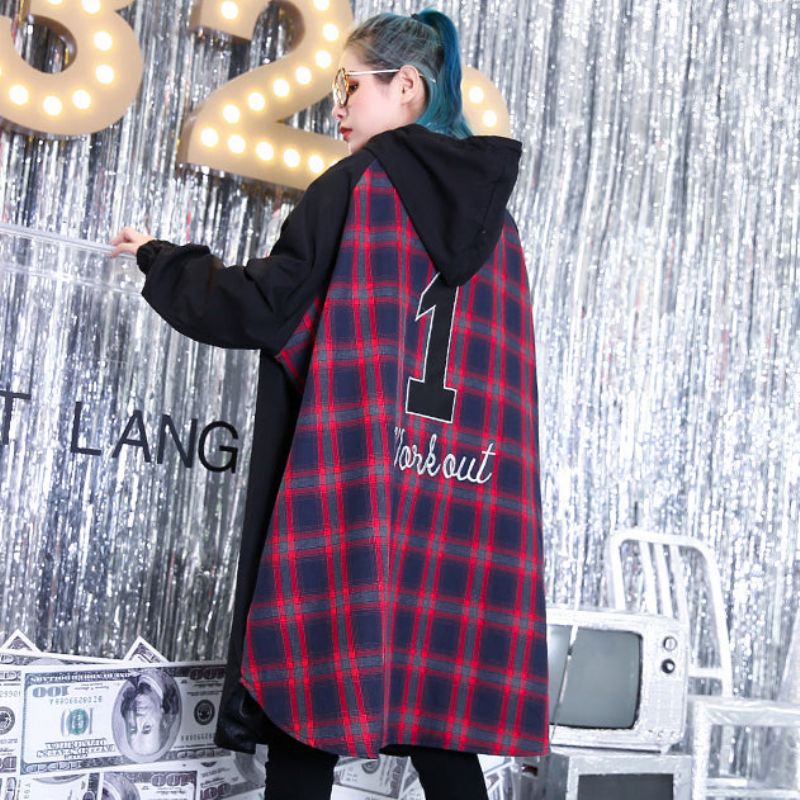 Fijne Zwarte Patchwork Maxi Jas Trendy Grote Maten Capuchon Winter Wijde Jassen - Dames winterjassen
