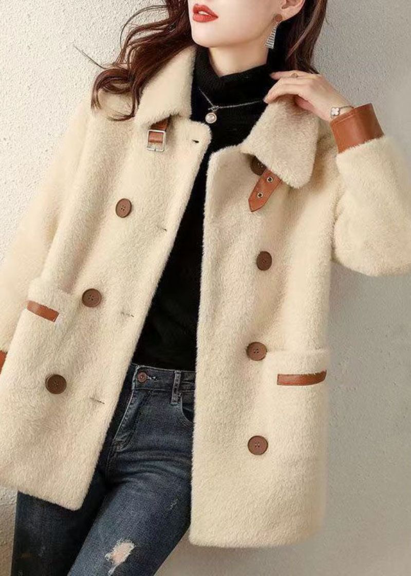Frans Beige Peter Pan Kraag Zakken Patchwork Nepbontjas Herfst - Dames winterjassen