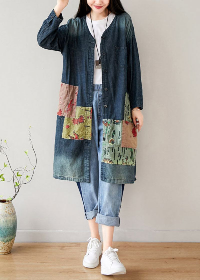 Franse Blauwe Zakken Met V-hals En Patchwork-denimjassen Lente - Dames winterjassen