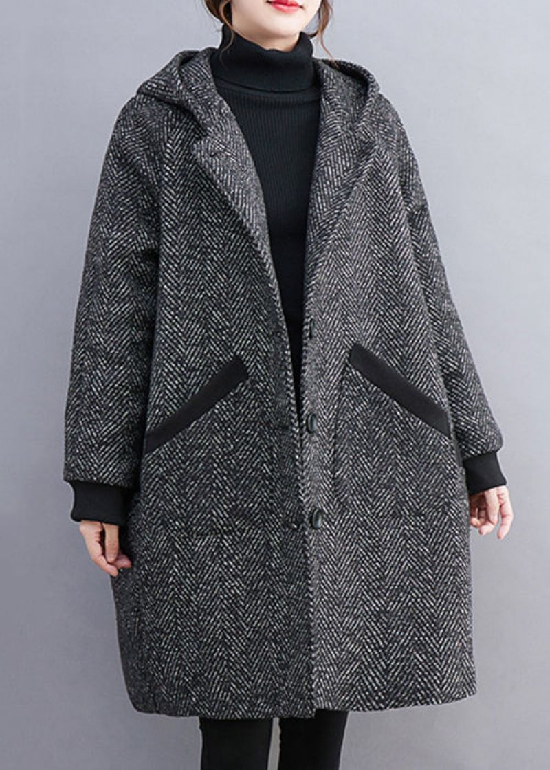 Franse Grijze Capuchon Knoopzakken Dikke Wollen Jassen Winter - Dames winterjassen