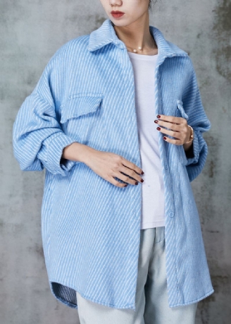 Franse Hemelsblauwe Oversized Zakken Corduroy Jas Uitloper Lente