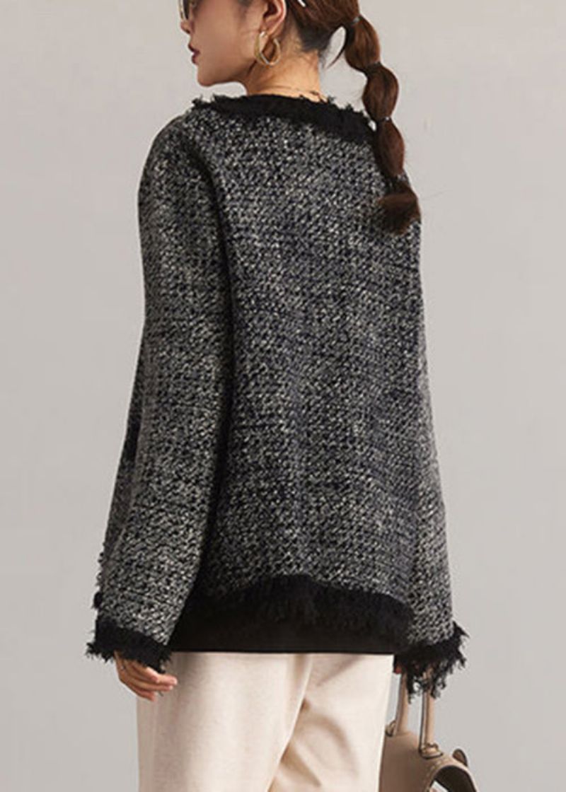 Franse Zwarte O-hals Knoop Patchwork Katoenen Jas Lente - Dames winterjassen