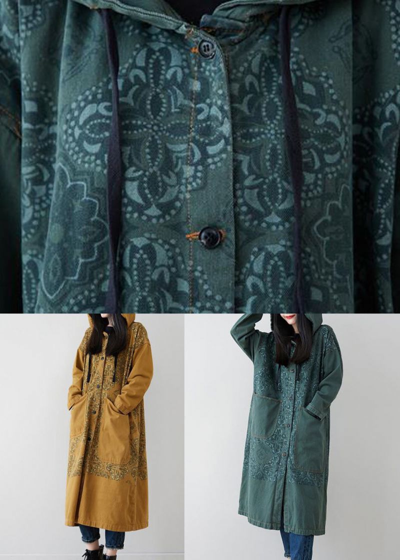 Gele Zakken Patchwork Print Denim Lange Jas Met Capuchon Lente - Dames winterjassen
