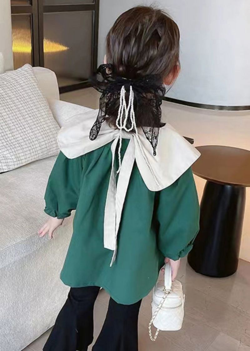 Groene Knoop Katoenen Meisjesjassen Peter Pan Kraag Lange Mouw - Dames winterjassen