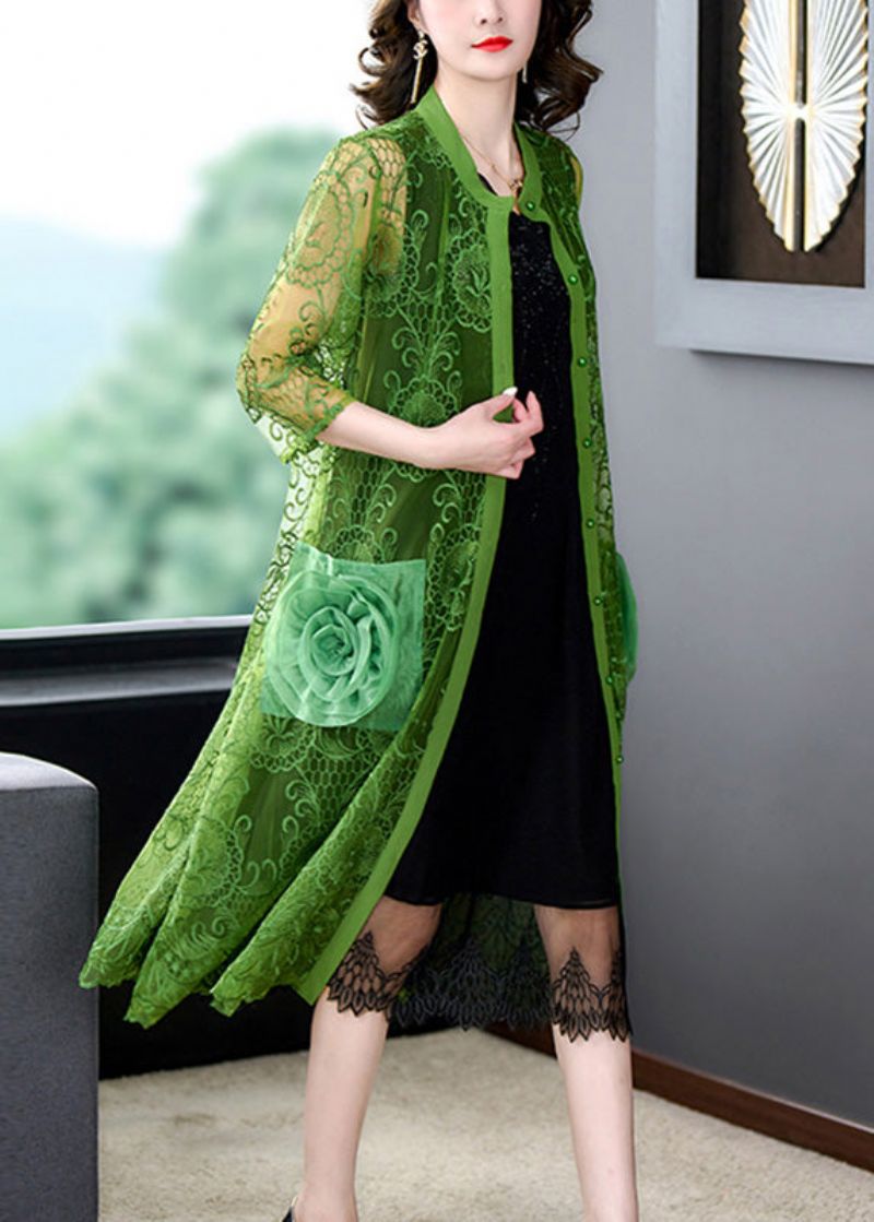 Groene O-hals Kanten Patchwork Knopen Tule Maxi-jassen Zomer - Groen