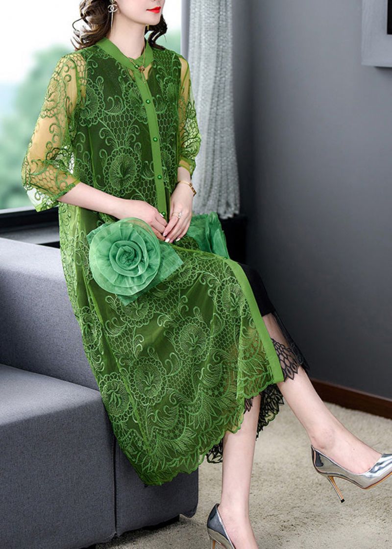 Groene O-hals Kanten Patchwork Knopen Tule Maxi-jassen Zomer - Groen