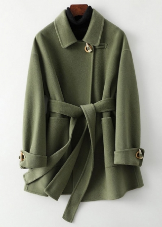 Groene Peter Pan Kraag Stropdas Taille Wollen Jassen Herfst