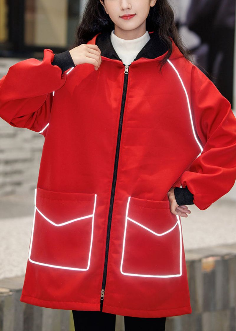 Grote Maat Rood Oversized Zakken Warm Fleece Geul Winter - Dames winterjassen
