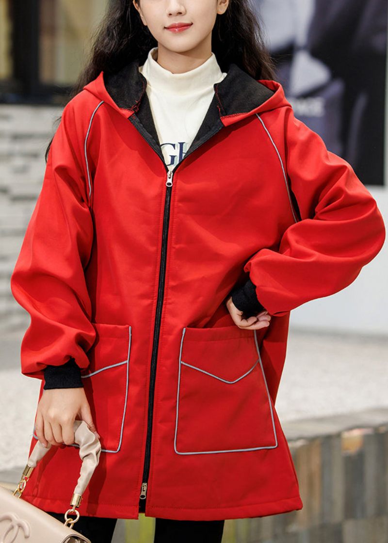 Grote Maat Rood Oversized Zakken Warm Fleece Geul Winter - Dames winterjassen