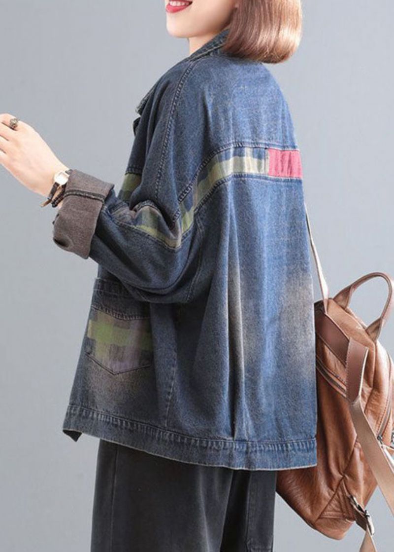 Handgemaakte Blauwe Peter Pan Kraag Zakken Patchwork Knop Denim Jassen Lange Mouw - Blauw