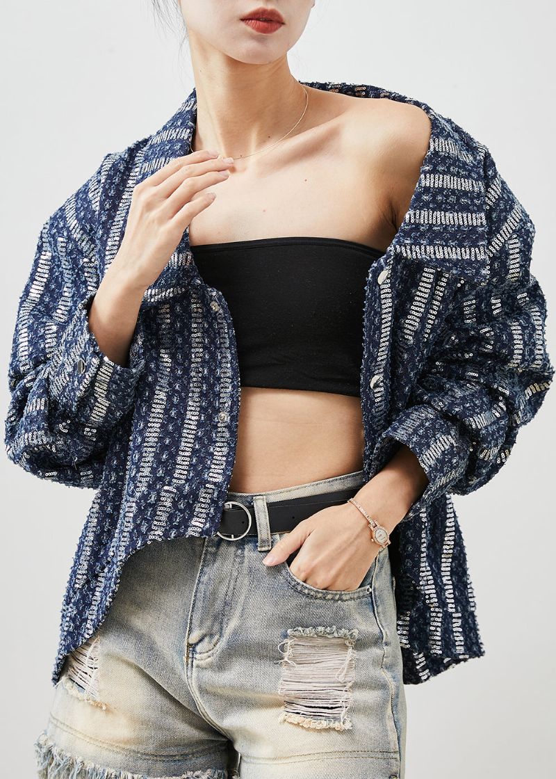 Italiaans Blauw Pailletten Asymmetrisch Design Denim Jack Lente - Dames winterjassen