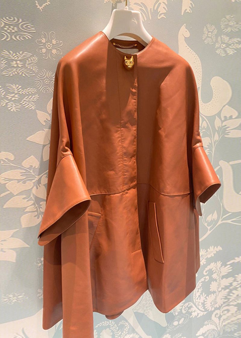 Italiaanse Oranje O-hals Zakken Patchwork Kunstleer Jassen Herfst - Dames winterjassen