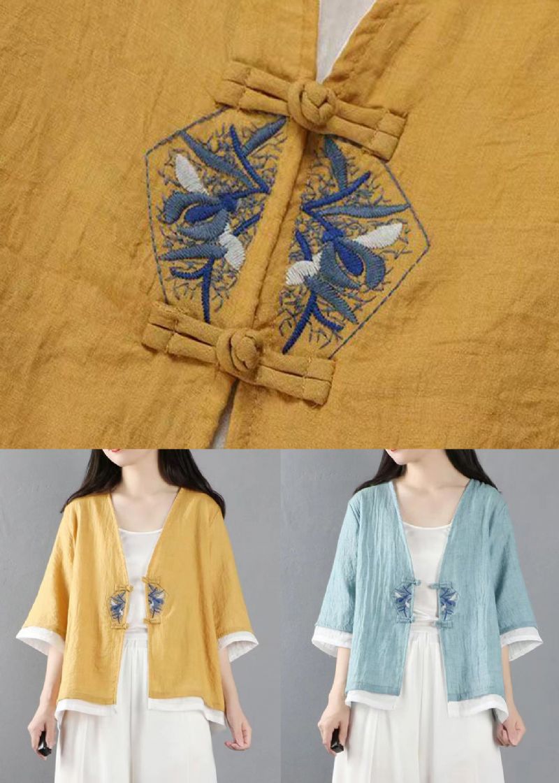 Lichtblauwe Knopen Patchwork Linnen Tops Jassen V-hals Halve Mouw - Dames winterjassen