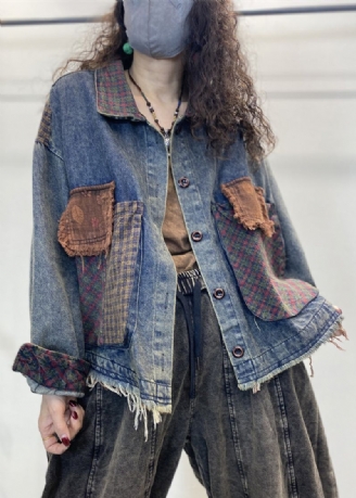 Losse Blauwe Knoopzakken En Patchwork-denimjassen Herfst