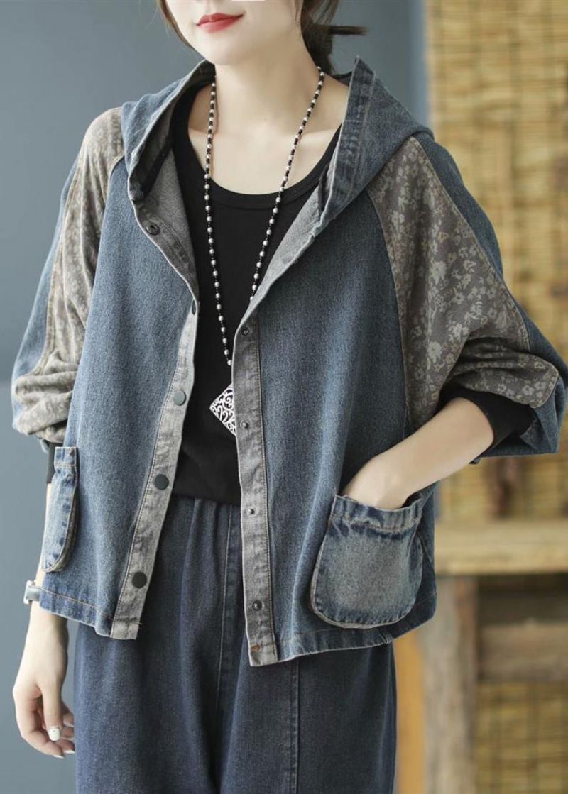 Losse Blauwe Zakken Print Denim Jas Met Lange Mouwen En Capuchon
