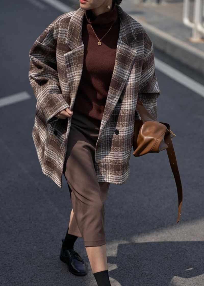 Losse Chocoladekleurige Plaid Fijne Trenchcoat Kasten Wollen Jassen Met Dubbele Rij Knopen - Zwart