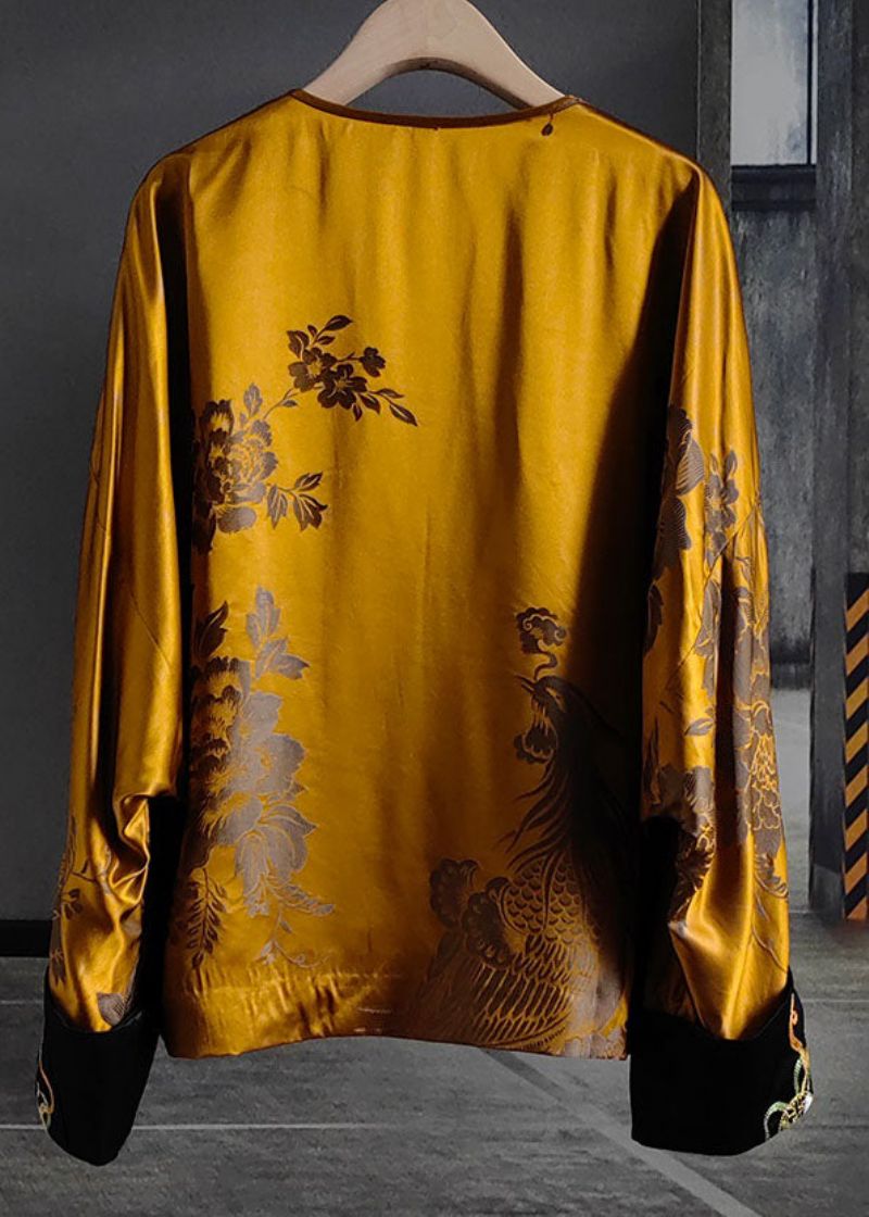 Losse Gele V-hals Patchwork Jacquard Zijden Uitloper Met Lange Mouwen - Dames winterjassen