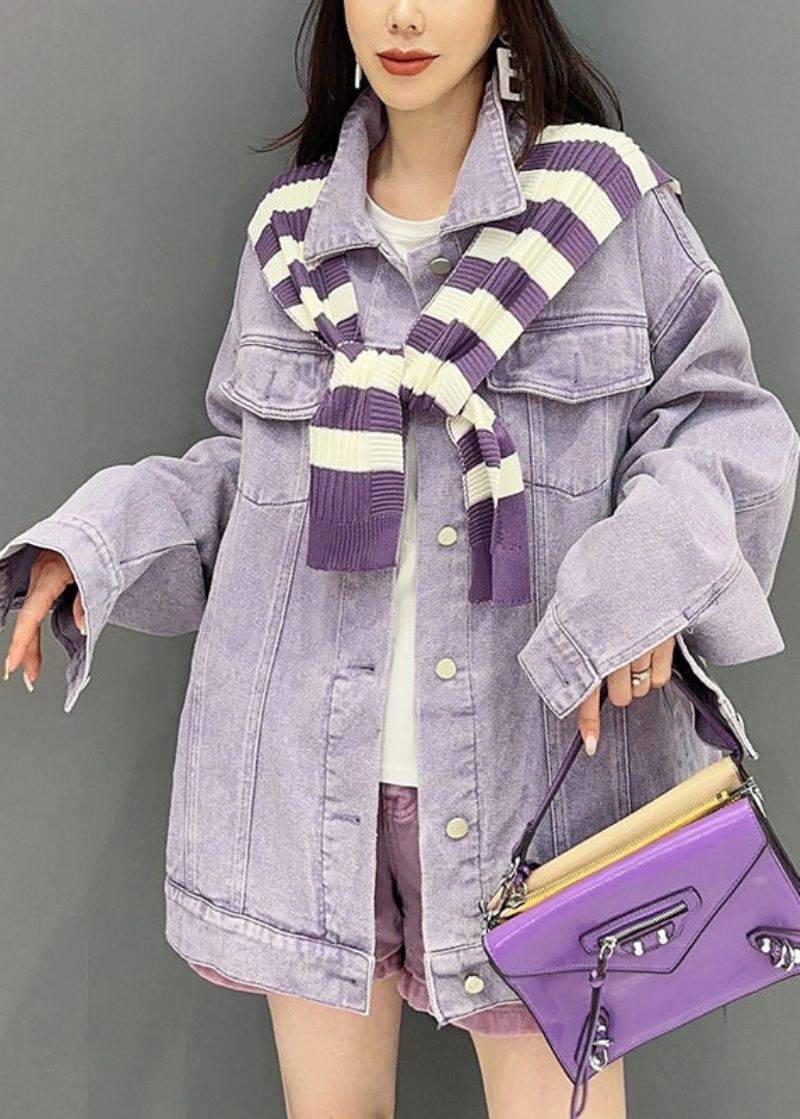 Losse Paarse Peter Pan Kraag Zakken Patchwork Denim Jas Herfst - Dames winterjassen