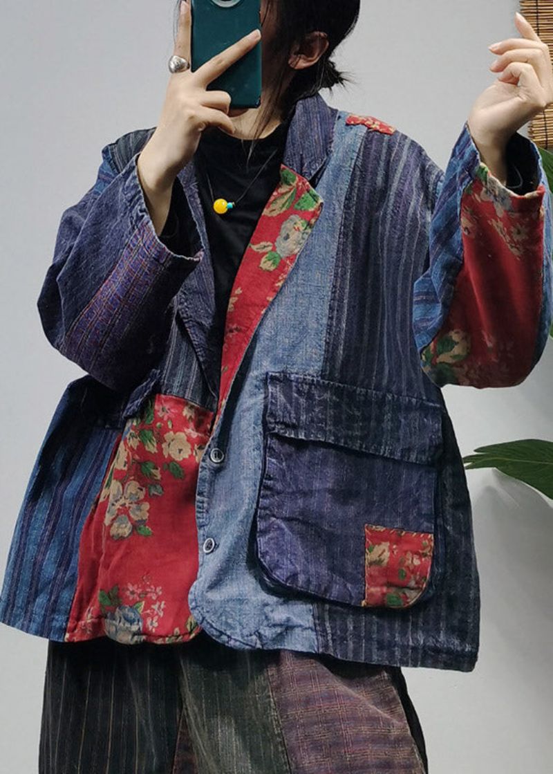 Losse Peter Pan-kraag Met Blauwe Knopen Patchwork Katoenen Jas Uitloper Met Lange Mouwen