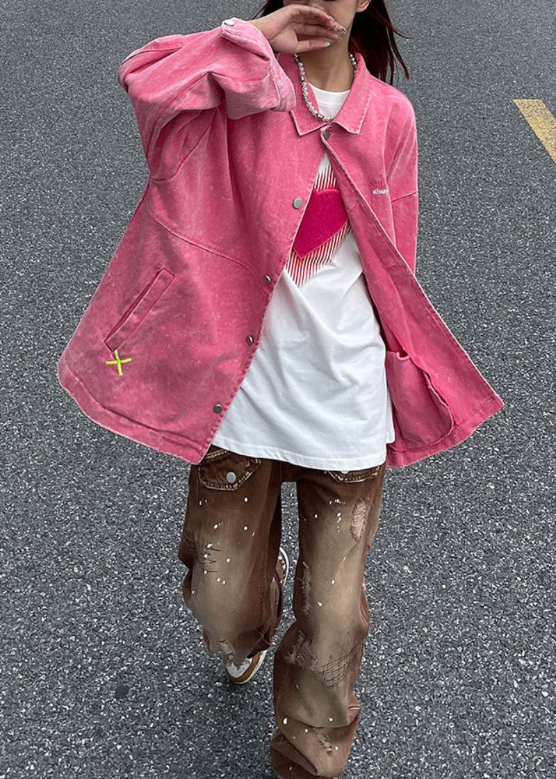 Losse Roze Geborduurde Knoop-patchwork-denimjassen Herfst - Dames winterjassen