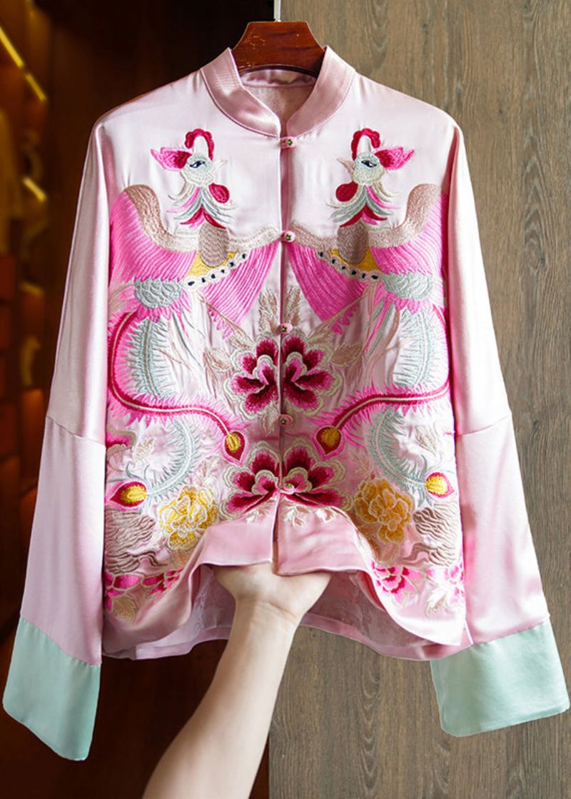 Losse Roze Opstaande Kraag Geborduurd Patchwork Zijden Jassen Herfst