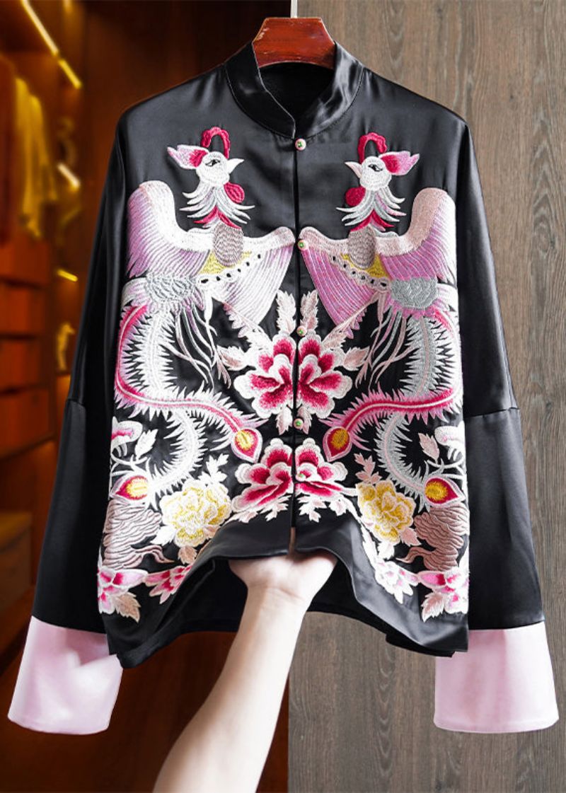 Losse Roze Opstaande Kraag Geborduurd Patchwork Zijden Jassen Herfst - Dames winterjassen
