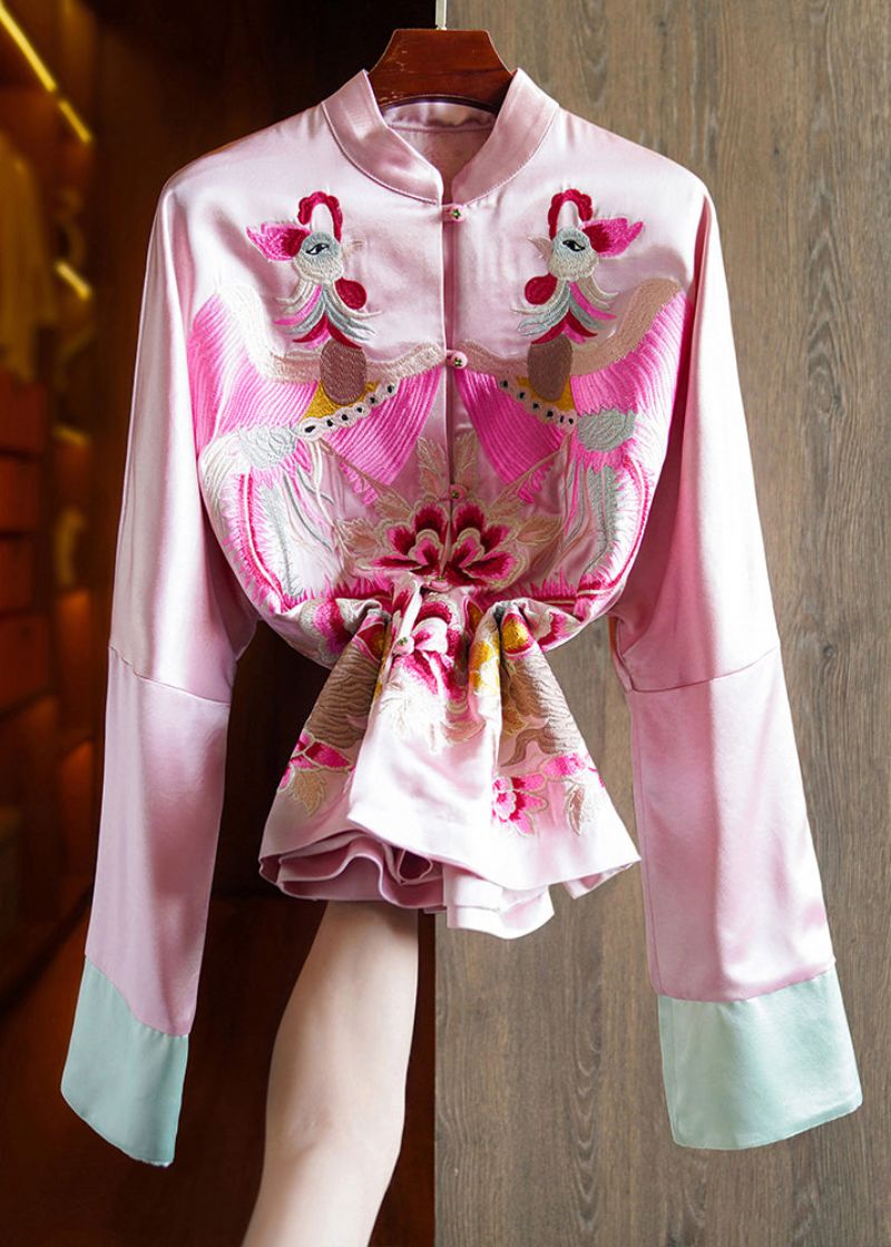 Losse Roze Opstaande Kraag Geborduurd Patchwork Zijden Jassen Herfst - Dames winterjassen