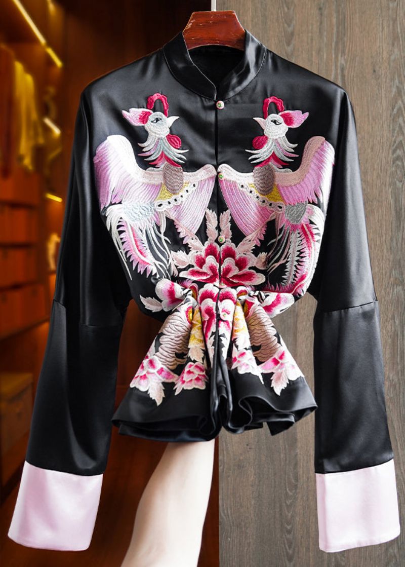 Losse Roze Opstaande Kraag Geborduurd Patchwork Zijden Jassen Herfst - Dames winterjassen