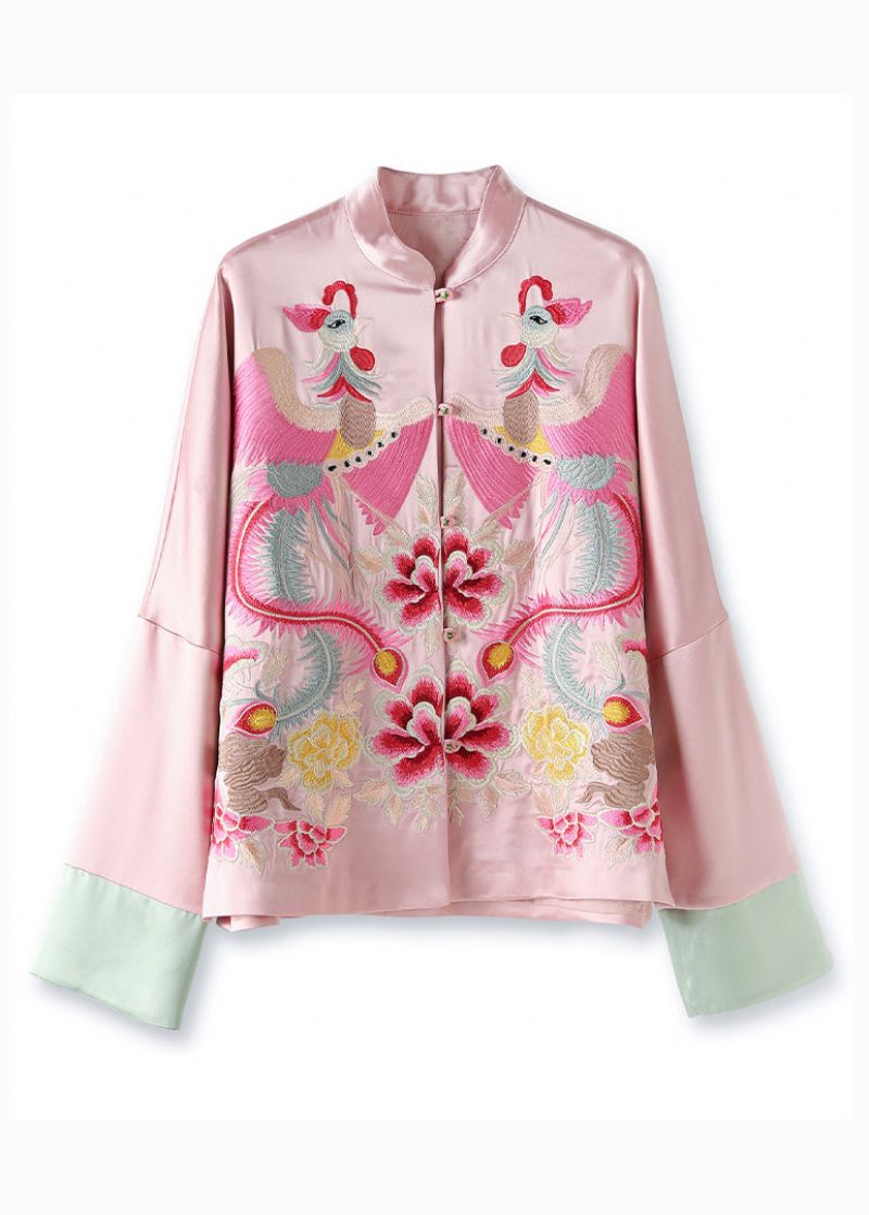 Losse Roze Opstaande Kraag Geborduurd Patchwork Zijden Jassen Herfst - Dames winterjassen