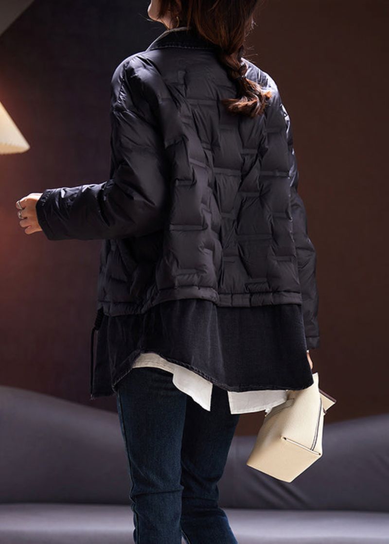 Losse Zwarte Veterzakken Met Patchwork Eendendons Jas Met Lange Mouwen - Dames winterjassen