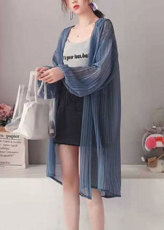 Losvallend Blauw Gestreept Zijden Vest Met Lange Mouwen En Capuchon