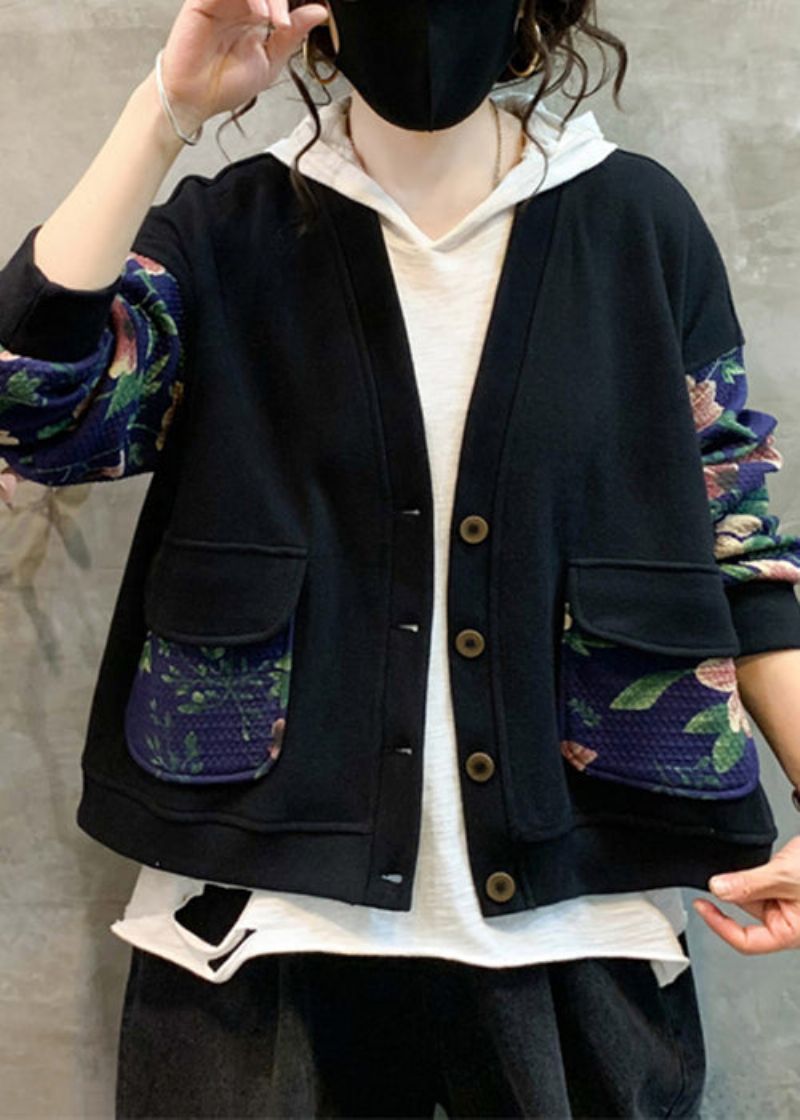 Marineblauwe Print Patchwork Warme Fleece Jas Met V-hals En Lange Mouw - Dames winterjassen