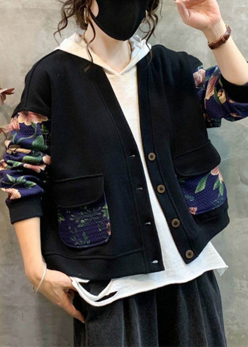 Marineblauwe Print Patchwork Warme Fleece Jas Met V-hals En Lange Mouw - Dames winterjassen