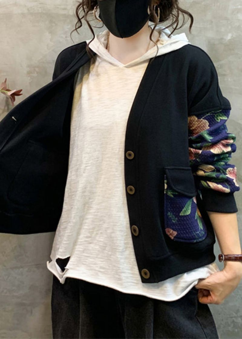 Marineblauwe Print Patchwork Warme Fleece Jas Met V-hals En Lange Mouw - Dames winterjassen