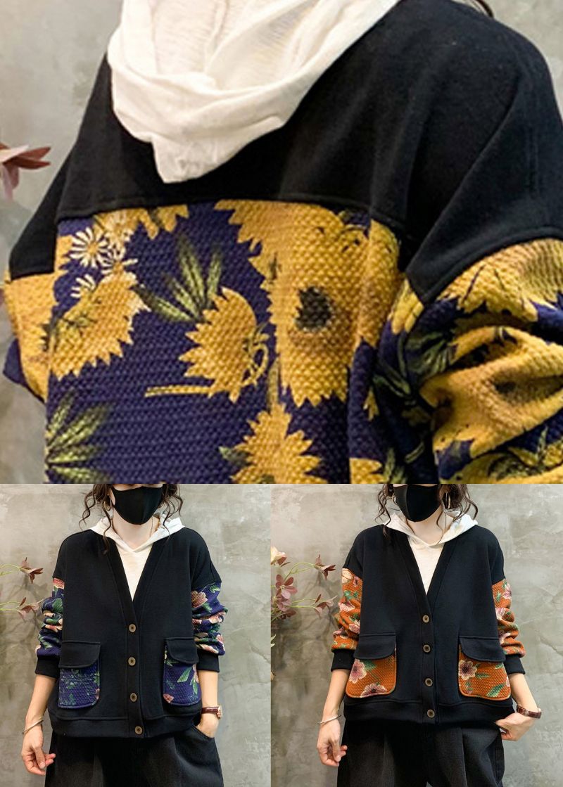 Marineblauwe Print Patchwork Warme Fleece Jas Met V-hals En Lange Mouw - Dames winterjassen