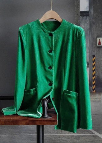 Mode Groene O-hals Knoop Patchwork Zijde Velours Jassen Lente