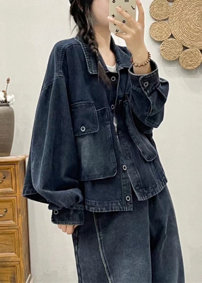 Moderne Blauwe Knoopzakken Patchwork Denim Jas Herfst - Dames winterjassen