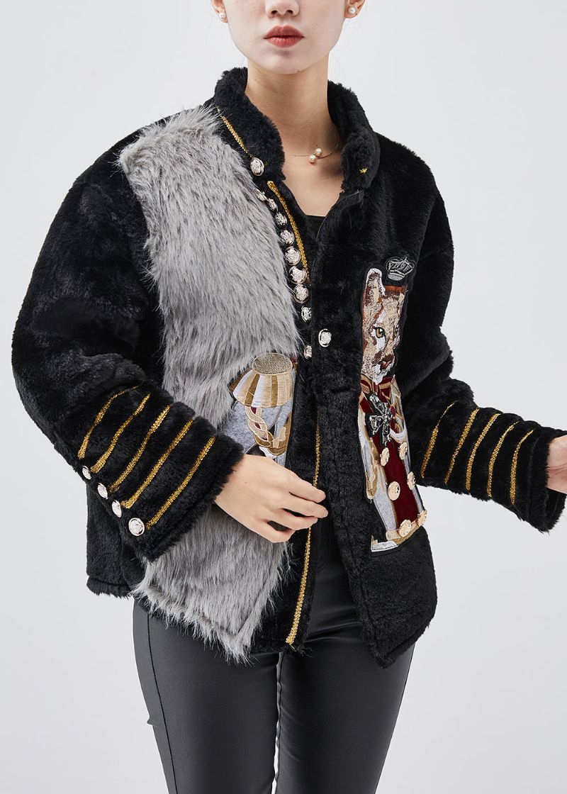 Moderne Zwarte Geborduurde Patchwork Namaakbontjassen Winter - Dames winterjassen
