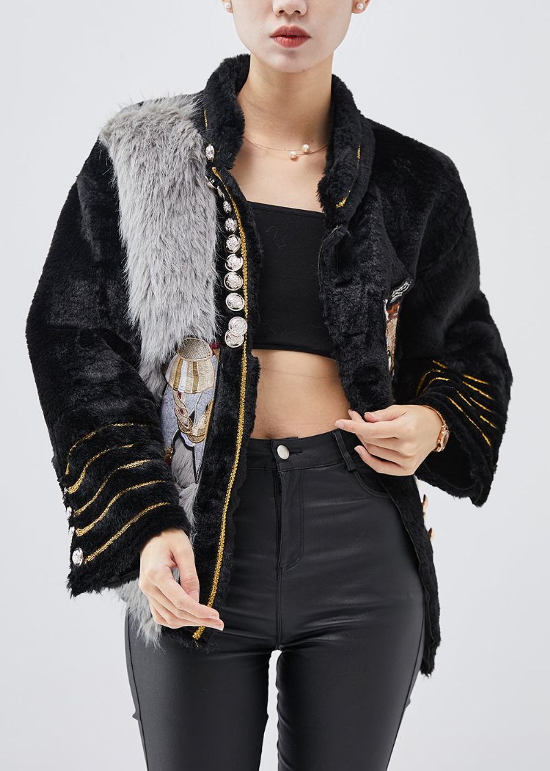 Moderne Zwarte Geborduurde Patchwork Namaakbontjassen Winter - Dames winterjassen