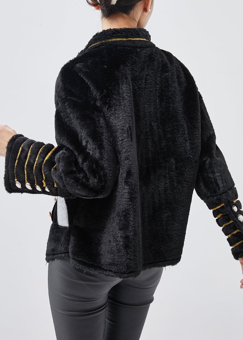 Moderne Zwarte Geborduurde Patchwork Namaakbontjassen Winter - Dames winterjassen
