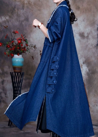 Mooie Blauwe Peterpan-kraag Met Knoop Aan De Zijkant Open Denimjas Winter