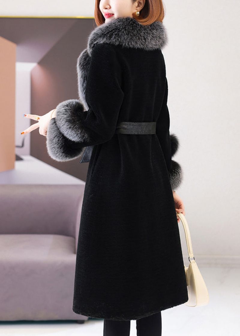Mooie Zwarte V-hals Stropdas Taille Fuzzy Bont Lange Jas Winter - Dames winterjassen