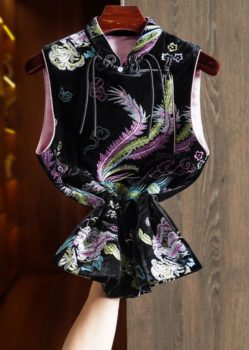 Mouwloos Vest Van Retro Zwart Chinese Knoopgeborduurd Zijdevelours - Dames winterjassen