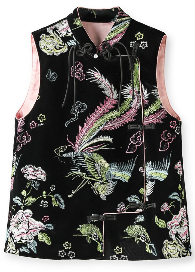 Mouwloos Vest Van Retro Zwart Chinese Knoopgeborduurd Zijdevelours - Dames winterjassen